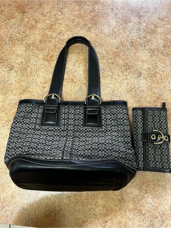 Coach Handbags - Coach Black and Gray Signature Tote with Matching Wallet